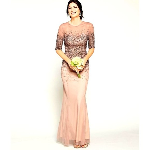 NWT ADRIANNA PAPELL Sequin Beaded Illusion Gown Sz 4 Pink/Rose Gold Half Sleeve - Picture 2 of 3